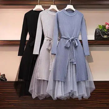 

2020 New Spring Autumn Women Mesh Skirt Set Female New Knitted Pullover Sweater Tops +Irregular Pleated Skirt 2 Piece Suit T354