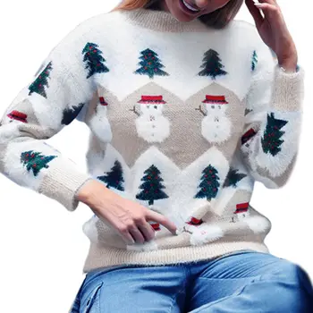 

Womens Winter Long Sleeve Knitted Thicken Sweater Cute Christmas Tree Snowman Print Pullover Tops Plush Warm Casual Loose Jumper