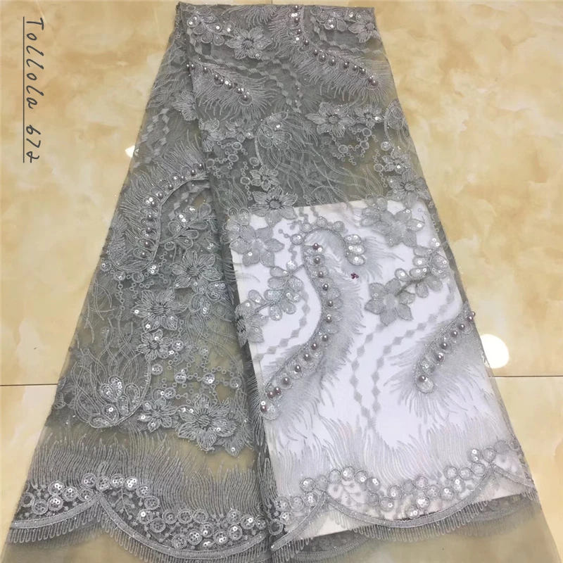 

High Quality Grey Tulle Lace Fabric African Lace Fabrics with Beads Embroidery Fabric for Women Dress