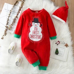 Barboteuse de noël pour bébé, 2 pièces, ensemble de combinaisons de chapeaux pour nouveau nés, manches longues, dessin animé, vêtements du père noël, 1er noël 