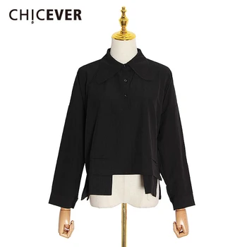 

CHICEVER Korean Patchwork Shirt Women Lapel Collar Long Sleeve Oversize Loose Irregular Blouse Female 2020 Spring New Clothes