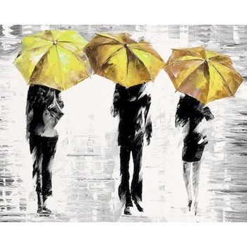

Paint by numbers for adults & children ,Three people with yellow umbrellas . Acrylic paint Unique home decoration and gifts.