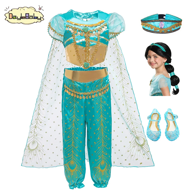 

DAYLEBABY Girl Jasmine Dress Up 3 Pcs Set Kids Sequined Flower Printed Arabian Princess Costume Children Halloween Cosplay Fancy