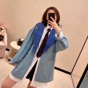 

2020 Top Runway Fashion Retro Denim Jacket Women Turn down Colla Tweed Single Breasted Blue Jean Jackets Cotton Vintage Hot Sale