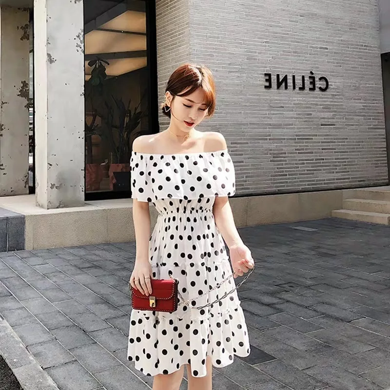 

2020 Spring Summer New Style WOMEN'S Dress Korean-style off-Shoulder High-waisted Slimming-Style White Polka Dot Chiffon Dress W