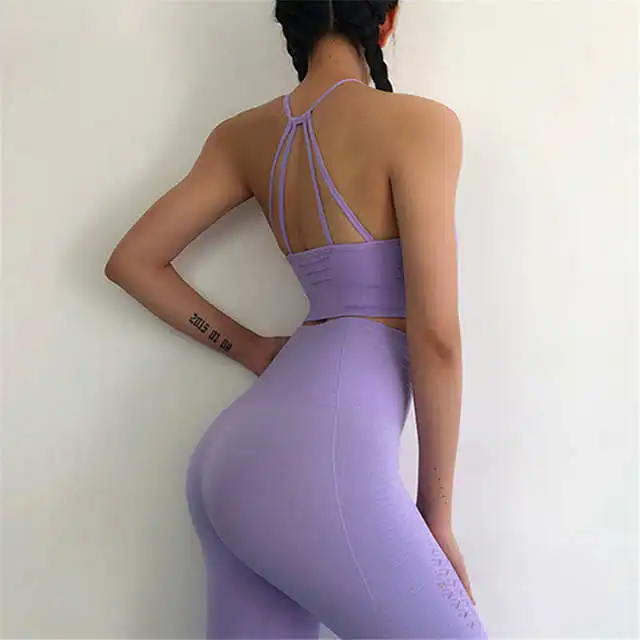 light purple Набор для йоги Женская одежда для фитнеса, тренажерного зала с высокой талией для йоги Леггинсы Набор Спортивная одежда для бега энергия бесшовные леггинсы+ бюстгалтер на бретельках 2 шт - Цвет: light purple