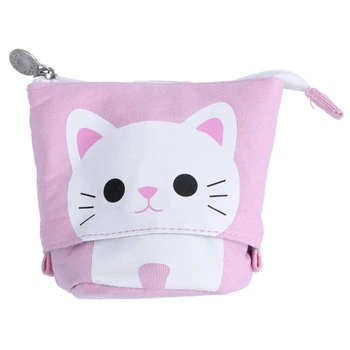 

canvas Cartoon Cute Cat Telescopic Pencil Pouch Bag Stationery Pen Case Box with Zipper Closure -Pink