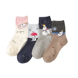 4Pairs  Cute Character Hippopotamus Baby Middle Stockings Woman Sport Grey Korean Sock Cartoon