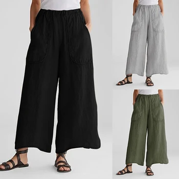 

ZANZEA 2020 Fashion Wide Leg Pants Women Casual Cotton Trousers Loose Pockets Bottoms Elastic Waist Pantalones Femme Streetwear