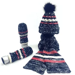 Three-piece Scarf Hat Gloves Set Unisex Pompom Beanies Knitted Woollen Warm Cap Scarves Mittens Sets Outdoor Cycling Winter Hats