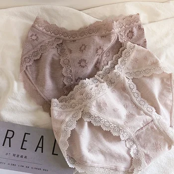 

Wriufred Striped Sunflower Panties Lace Trim Low-waist Briefs Cotton Comfortable Breathable Underpants Girls Underwear