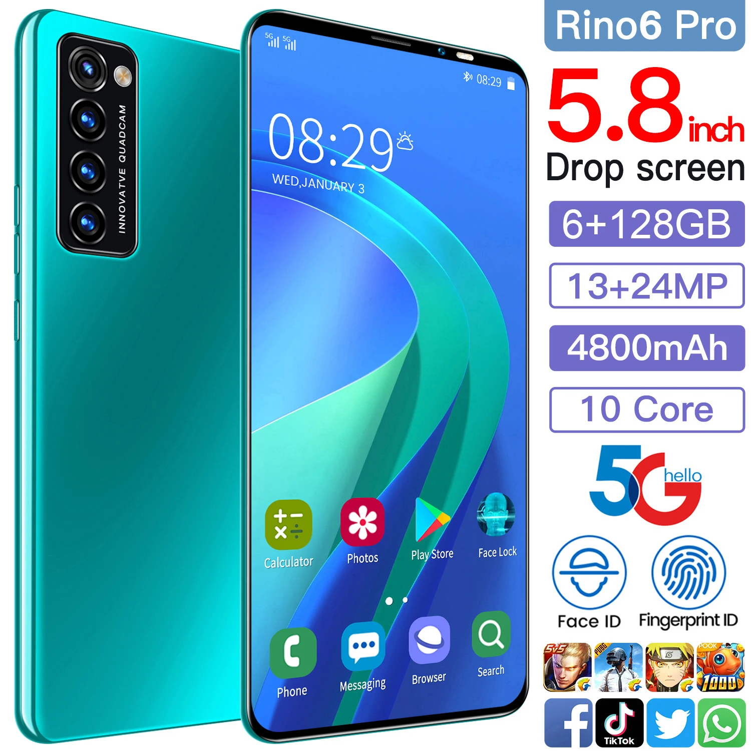 Rino6 pro 5.8 Inch 10 Core 4800mAh Andriod 10 Mobile Phone Face ID 8+256GB Smartphones Cellphones Dual SIM 13+24MP Andriod Phone