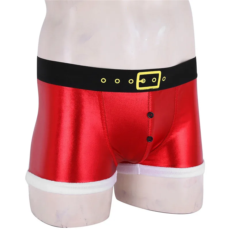 Красное мужское рождественское нижнее белье из искусственной кожи с принтом и ремнем, костюм Санта Клауса, шорты-боксеры, шорты для рождественской ролевой игры