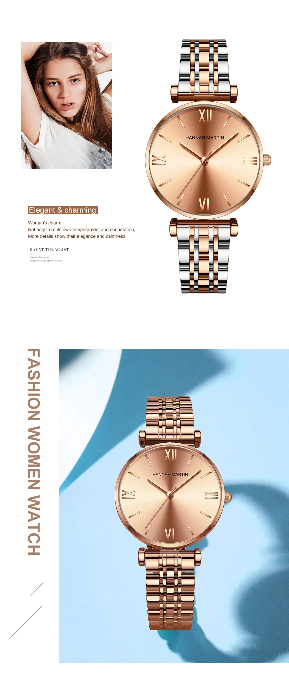 Simple Fashion Stainless Steel Women Watch Rose Gold Elegent Japan Movement Quartz Wristwatch Simple Round Dial Bracelet Watch