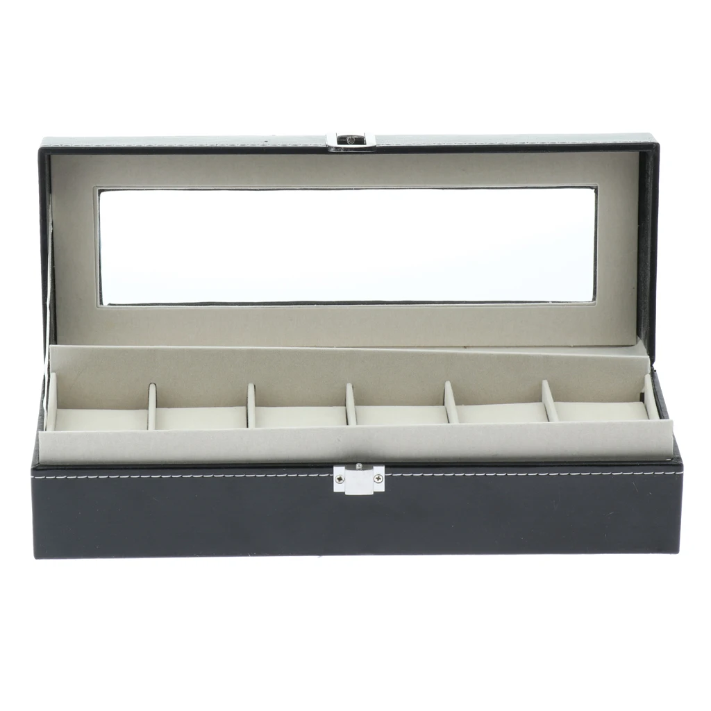 6 Slots Classy Watch Box Holder Wristwatch Display Case Cufflinks Earrings Storage Organizer with Glass Top for Women Men Gifts