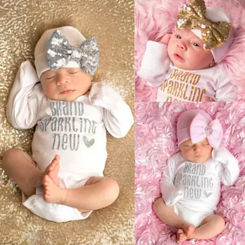 

2Pcs Sequins Newborn Baby Girls Boys Bodysuit Clothes Cute Letter Jumpsuit Hat 2pcs Cotton Outfit Baby Girl Clothes Set
