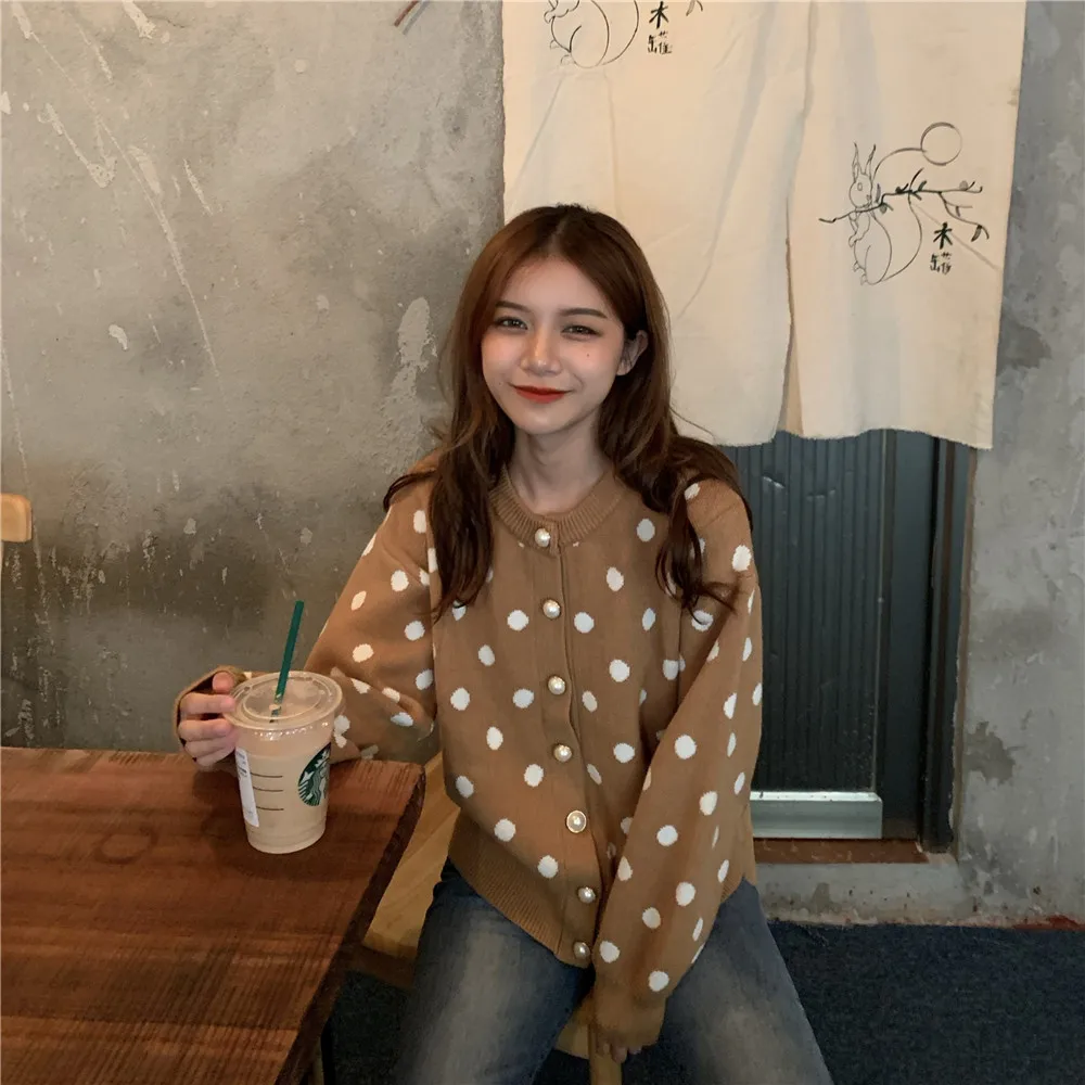Woherb, милый женский кардиган в горошек,, осень, зима, Harajuku, винтажный свитер, пальто, корейский стиль, вязанный джемпер, топы, Sueter