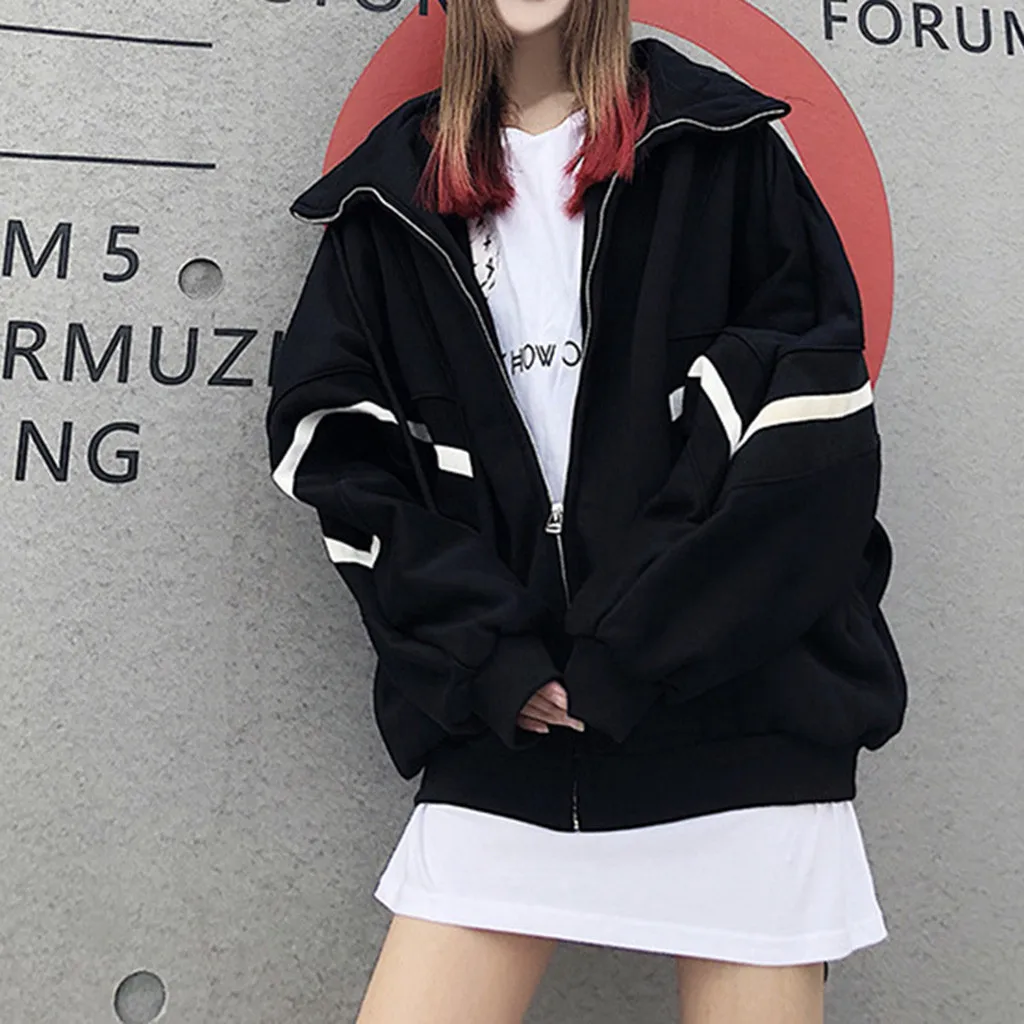 Зимнее теплое пальто, толстовки Harajuku в Корейском стиле для девочек, Женская куртка с длинным рукавом, большой размер, с карманами, на молнии, лоскутное пальто