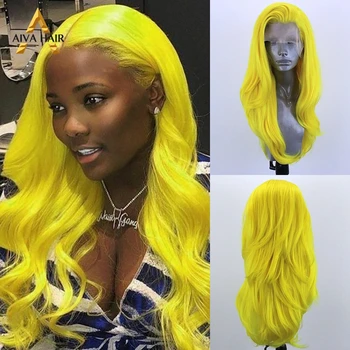 

Aiva Hair Wavy Yellow Wig Free-part Glueless Synthetic Lace Front Wig Heat Resistant Ombre Green Cosplay Wigs For Black Women