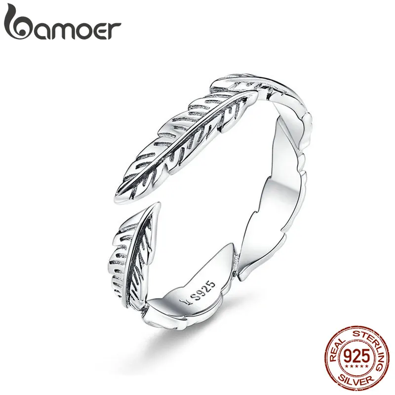 BAMOER 100% Pure 925 Sterling Silver Boho Style Feather Free Size Adjustable Finger Rings for Women Vintage Fine Jewelry SCR517