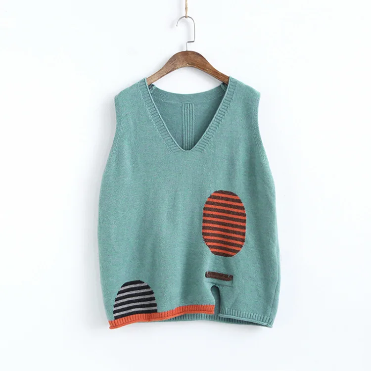 

Women pullover knitting sleeveless tank tops loose striped sweaters V neck vintage tops casual pullovers vest