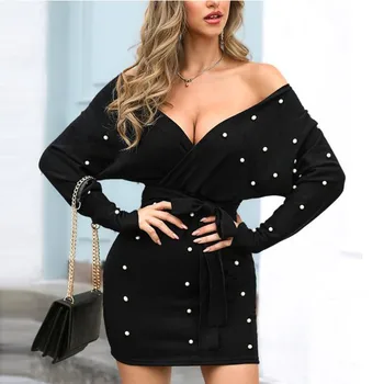 

Women Dresses Sexy Deep V Neck Long Sleeve Dresses Nail Bed Turtleneck Tight Fitting Dress Stylish Female Girl Vestidos #BL5