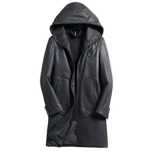 Мужские куртки из натуральной овчины, черный длинный пуховик на утином пуху, зимнее кожаное пальто с капюшоном для мужчин