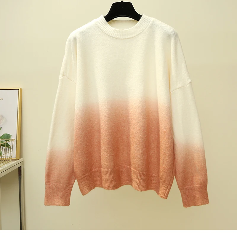 2019 Autumn Winter New Loose Gradient Color Thick Sweater Women Round Neck Casual Pullover Top Gray Orange Green O-Neck Clothing