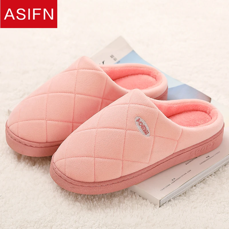 

ASIFN Women Home Winter Slippers with Fur Ladies Fluffy Men Flip Flops Cotton Light Couple Non-slip Female Warm Chaussures Femme