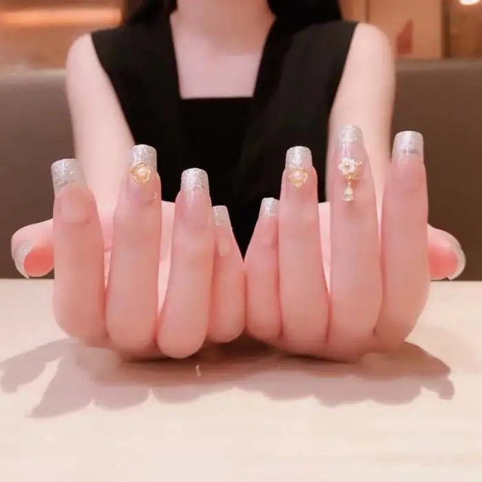 24pcs Full Cover square press on nails Glitter Transparent Color fake fingers 3D Flower Charm Decoration Bride nails with glue
