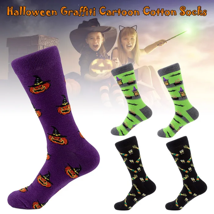 2 Pairs Ladies Halloween Long Crew Socks Warm Womens Printed Pumkin Light Socks for Winter Fall ZJ55