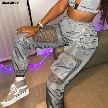 

Sexy Streetwear High Waist Cargo Pants Women Plus Size Silver Mesh Girls Reflective Pants Women Trousers Joggers Sweatpants