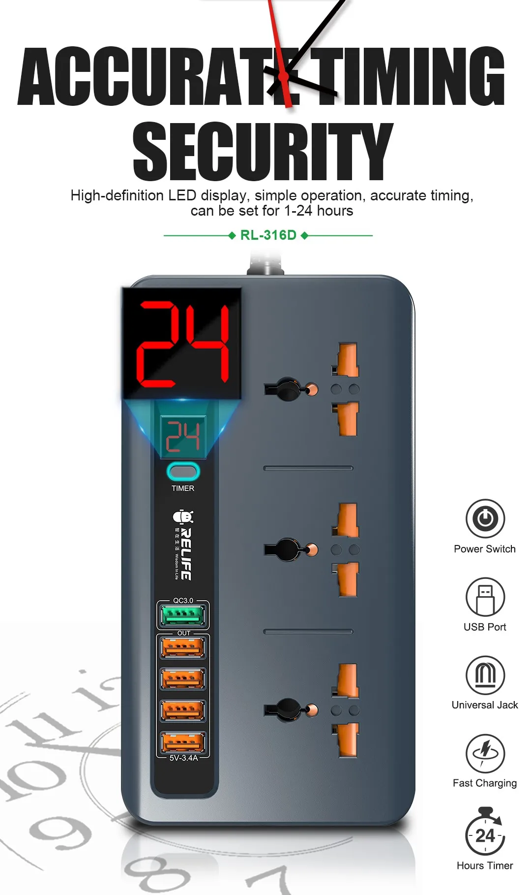 Relife Rl-316d 2500w 5 USB Fast Charging Display Timer Switch Socket 3 Power Supply Universal 7 Hca3a4702a5ab4969b6205d8c979d4f91X