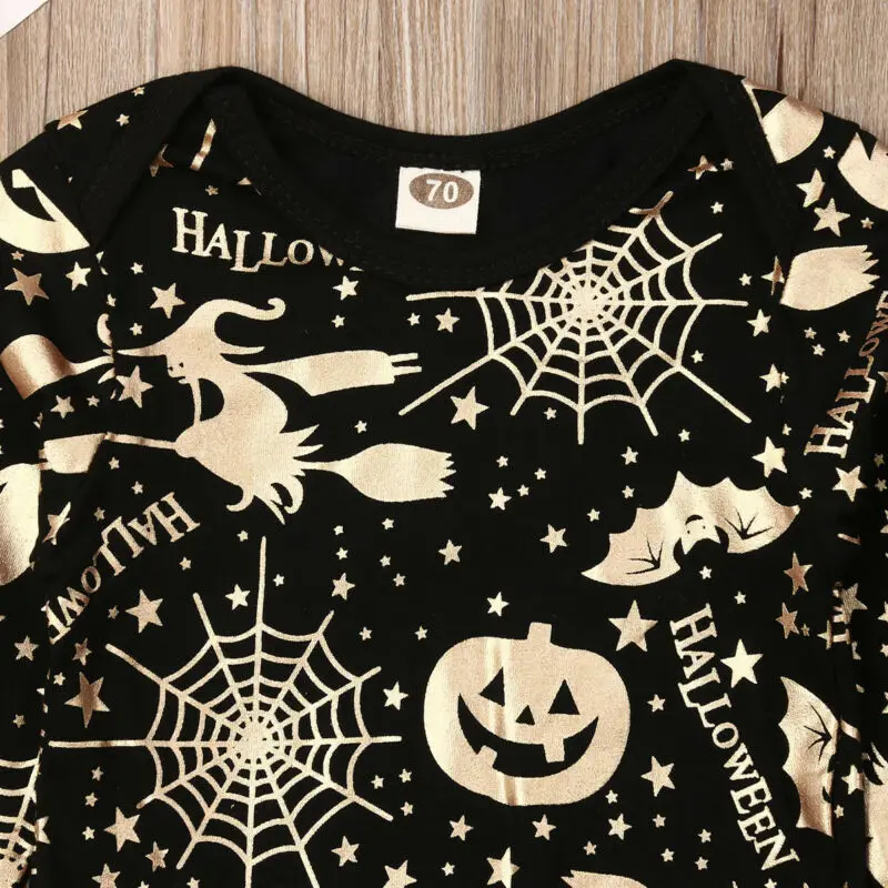 Lovely Halloween Party Newborn Baby Rompers Clothes Toddler Boys Girls Long Sleeve Gold Pumpkin Printed Outfit Costumes