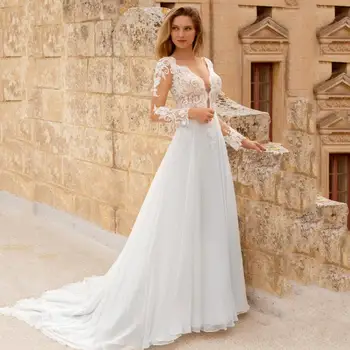 

Boho Wedding Gown Sexy V Neck Backless Long Sleeve Wedding Dress Appliqued Lace Chiffon Train Bride Dress 2019 vestido de novia