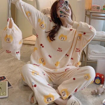 

2020 New Pajamas Suits Women Winter Flannel Long-sleeved Thickening Plus Velvet Coral Fleece Cute Autumn And Winter Home Service