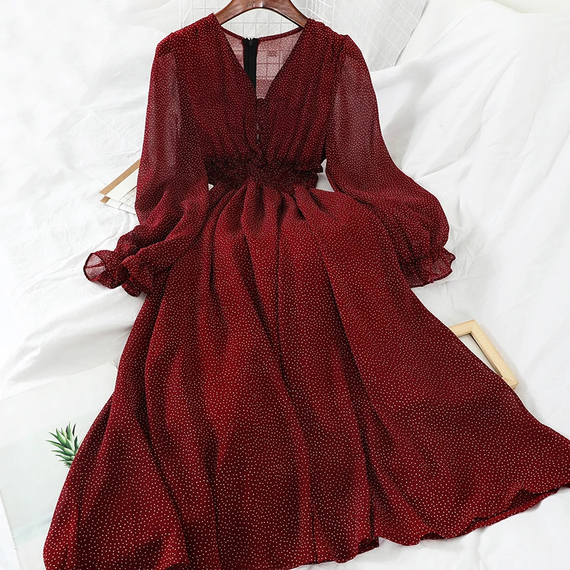 New Autumn V Neck Polka Dot Slim Chiffon Dress Button Puff Sleeve High Waist Elegant Women Mid-calf Dress New Autumn V Neck Polka Dot Slim Chiffon Dress Button Puff Sleeve High Waist Elegant Women Mid-calf Dress