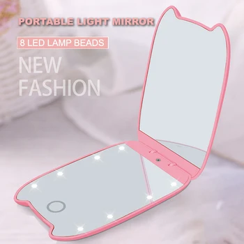 

1PC Cute Cat Ear Fashion Women Ladies Make Up Mirror Cosmetic Folding Portable Compact Pocket with 8 LED Lights Makeup Tool