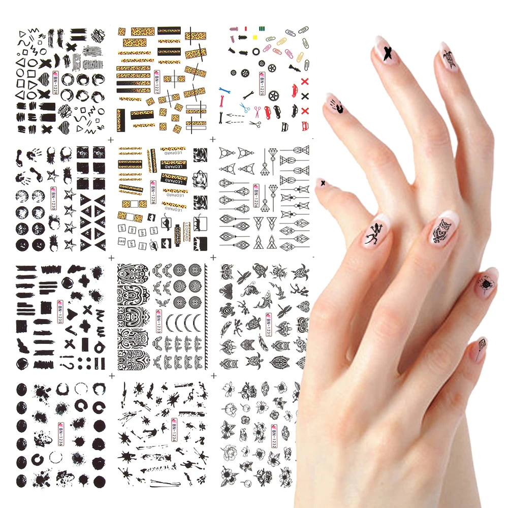 12 видов стилей геометрический Нейл-ползунки воды Стикеры комплект Nail Art Наклейки переводятся при помощи смешанный дизайн декоративный для маникюра DIY татуировки Фольга