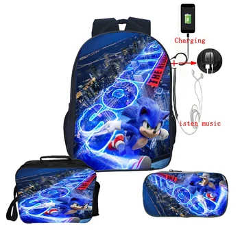 

New Students Sonic Backpack Boys Girls Cartoon Schoolbags Teens Bookbag Back to School Gift 3pcs Set/backpack
