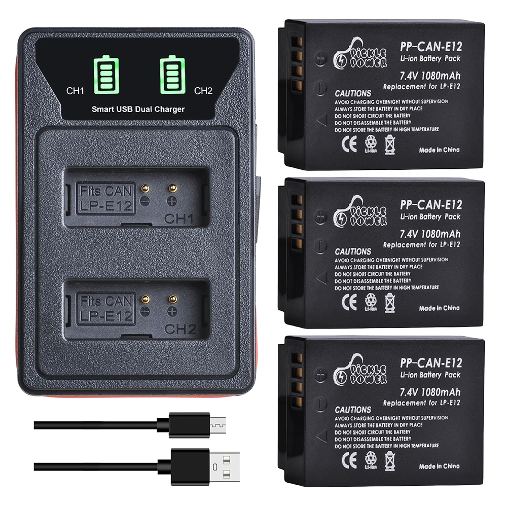 LP-E12 LP E12 LPE12 Battery+LED USB Dual Charger with Type C for Canon Rebel SL1 100D, EOS M, EOS M2, EOS M10 EOS M50 SX70 HS 