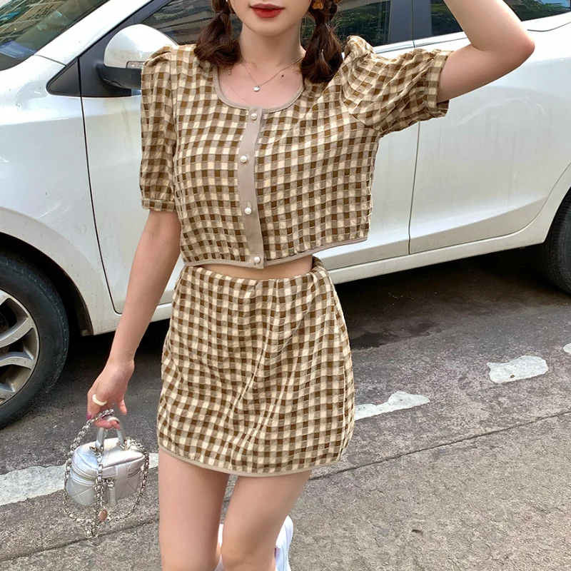 

Skirt Suit Female Summer New Style Korean Short-sleeved Plaid Shirt High Waist Bag Hip Skirt Two-piece Suit