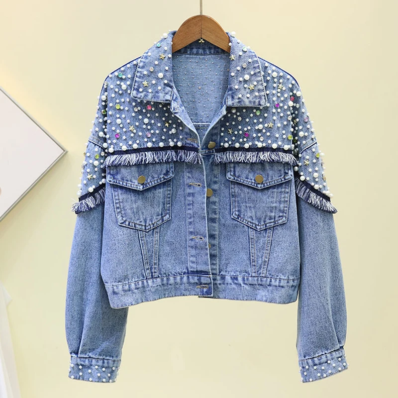 Осенние новые цветные женские джинсовые куртки с бусинами Harajuku, джинсовая куртка с длинными рукавами и жемчугом подростковые джинсы для девочек, пальто, верхняя одежда SA267S50