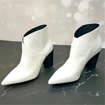 

White Ladies de Couro Da Moda Tornozelo Botas Dedo Apontado Botas De Salto Alto Grossas Feminino Sexy Stiletto Mulheres Bombas