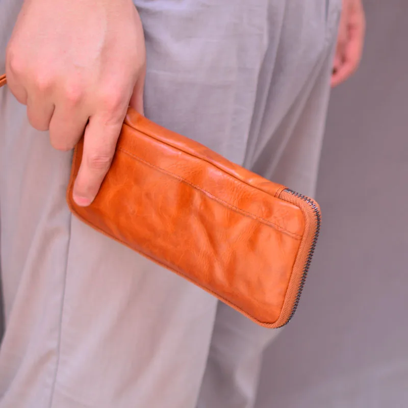 AETOO Handmade vegetable tanned leather men's wallet, first layer cowhide wallet, multifunctional retro large-capacity wallet 5