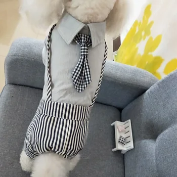 

All Season Pet Gentleman Suit Dog Jumpsuits Clothes with Tie Puppy Costume Set Striped Necktie Like a Gentleman