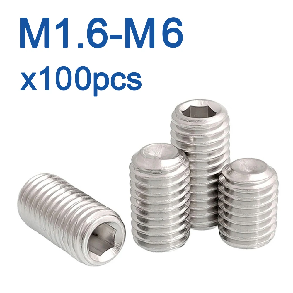 100pcs/lot Hex Socket Set Screw Stainless Steel M2 M3 M4 M5 M6 M8 M10