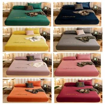 

Winter Warm Solid Flannel Elastic Bands Fitted Sheet Home Bed Linen Mattress Cover Queen King Size Luxury Embroidery Bedspread