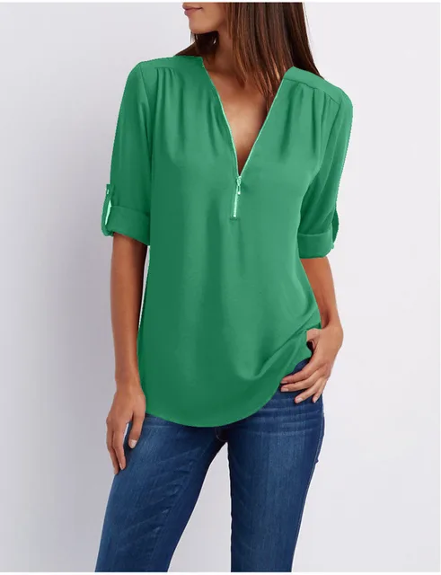 Women Shirts Summer Autumn Casual V-neck Chiffon Blouse Women Top Camisa Feminina Long Sleeve Black White Ladies Blouses Shirt Grass green