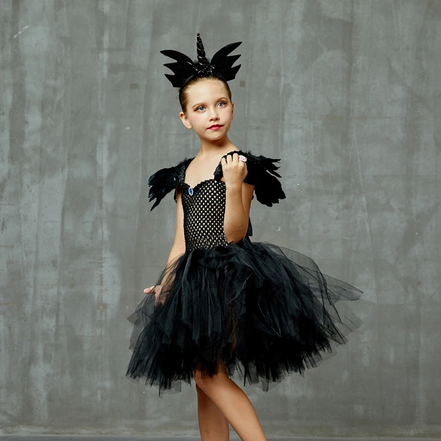 Fallen Angel Dark Gothic Black Halloween Tutu Dress Glitter Wings Girls Halloween Evening Party Ball Gown Evil Witch Costume (7)